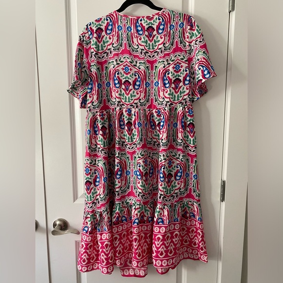 Mosul Mosaic: Pink Bohemian Print Tie Neck Ruffle Hem Dress Size Large Midi - Picture 4 of 8
